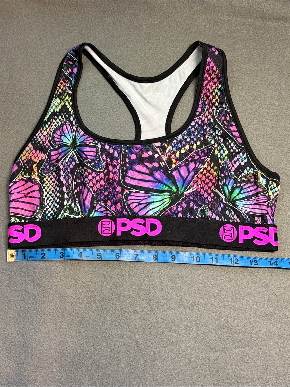 PSD Women's Neon Butterfly Racerback Sports Bra - Black with Pink & Multicolor
